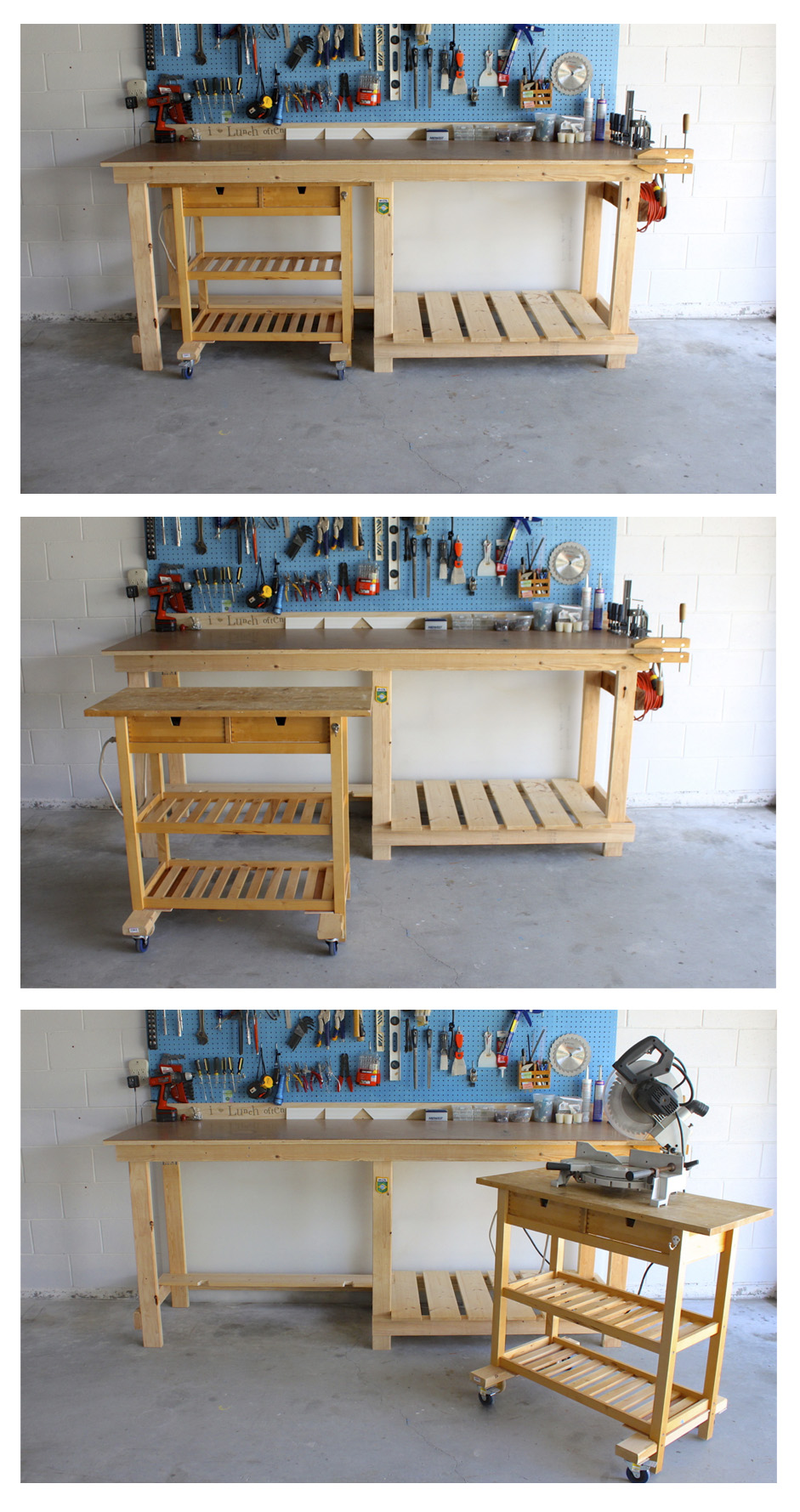Here we have a garage workbench designed and built to fit around an 